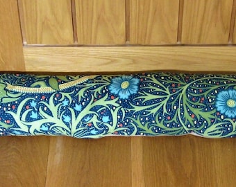 Draught excluder, William Morris teal blue and green Seaweed door stopper, draft stopper, window draught dodger.