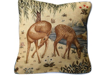 William Morris The Brook, beige, blue and green woodland deer linen cushion cover, throw pillow cover, home decor 16 x 16 inches.