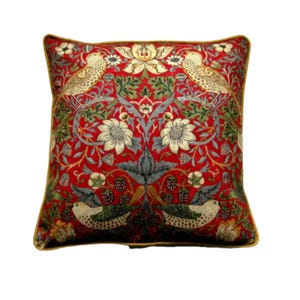 William Morris &quot;Strawberry Thief&quot;, Arts and Crafts,  red, yellow and beige cotton birds cushion cover, throw pillow cover, home decor.