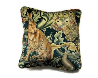 William Morris Forest, Arts and Crafts, dark teal green and gold rabbit velvet cushion cover, throw pillow cover, home decor 18 x 18 inches.