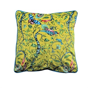 Emma Shipley, Rousseau, lime yellow, red, pink and turquoise blue velvet personalised cushion cover, throw pillow cover, home decor.