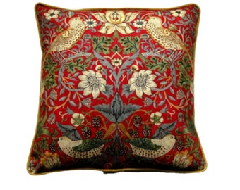William Morris &quot;Strawberry Thief&quot;, Arts and Crafts,  red, yellow and beige cotton birds cushion cover, throw pillow cover, home decor.
