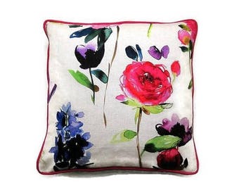 Bluebellgray "Red Rose"  linen cushion cover, red, pink and purple flowers, floral throw pillow cover, decorative home decor.