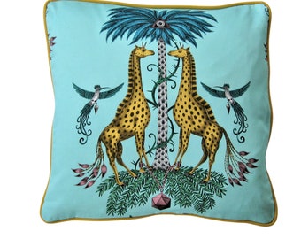 Clarke and Clarke, turquoise and yellow, giraffes, safari print cotton satin cushion cover, throw pillow cover, home decor.