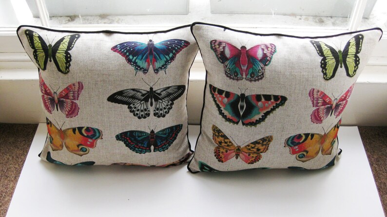 Botanical butterflies, Harlequin Fabrics Papilio, turquoise, pink and blue linen cushion cover, throw pillow cover, home decor. image 4