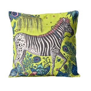 Clarke and Clarke, lime green, pink and blue zebras velvet cushion cover, throw pillow cover, home decor 14 x 14 inches.