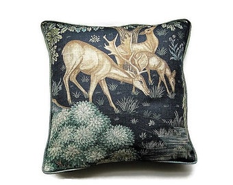 William Morris The Brook, Arts and Crafts, beige and dark blue woodland deer, linen and velvet cushion, throw pillow home decor.