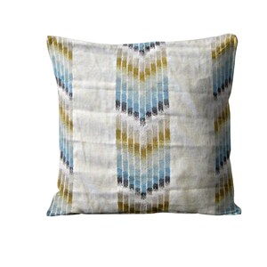 Cushion cover, blue, yellow and grey ombre embroidered chevrons. natural linen throw pillow cover, home decor.