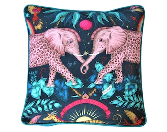 Clarke and Clarke, navy blue, teal, pink and gold elephants satin cotton cushion cover, throw pillow cover, home decor.