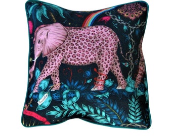 Clarke and Clarke, navy blue, teal, pink and gold elephants satin cotton cushion cover, throw pillow cover, home decor, 16 inches.