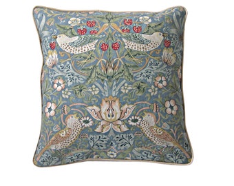 William Morris "Strawberry Thief", Arts and Crafts, slate light blue, gray birds, cotton cushion cover, throw pillow cover, home decor.