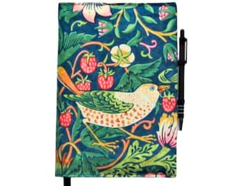 A5 notebook and pen, personalised gift set, fabric journal cover, William Morris Strawberry Thief reusable notebook cover.