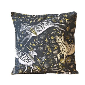Clarke and Clarke, jungle  safari animals charcoal and gold velvet cushion cover, throw pillow cover, home decor.