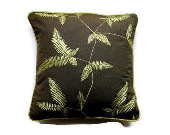 Cushion cover, Harlequin Elena, taupe brown with gold embroidered ferns, cotton throw pillow cover, home decor.