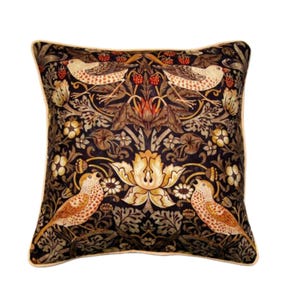 William Morris Strawberry Thief, Arts and Crafts, dark purple, gold, brown birds cotton cushion cover, throw pillow cover, home decor.