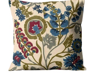 Zoffany, Hardwick Crewel, sunstone / indigo, embroidered linen  blend cushion cover, throw pillow cover, homeware decor.