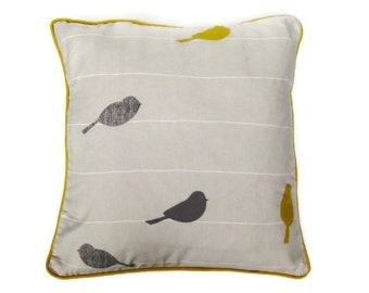 Cushion cover, John Lewis Birds on a Wire gray,  mustard yellow cotton, birds pillow cover,  throw pillow cover, home decor.