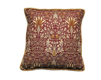 Morris and Co Snakeshead Arts and Crafts, red, gold and beige  linen union cushion cover, throw pillow cover, home decor 16 x 16 inches.