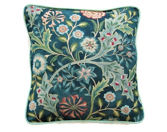 Morris and Co "Wilhelmina", Arts and Crafts, teal green floral linen cushion cover, throw pillow cover, home decor.