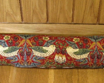 Draught excluder, William Morris red Strawberry Thief door stopper, draft stopper, window draught dodger.