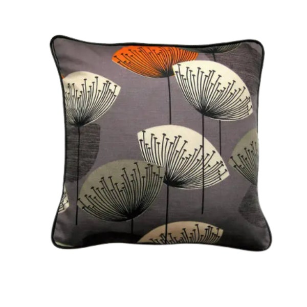 Sanderson "Dandelion Clocks", dark grey, cream, rust orange and black cotton cushion cover, throw pillow cover, homeware decor.