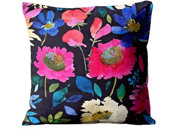 Bluebellgray Zinnia twilight, cerise pink, navy and mustard linen blend cushion cover, throw pillow cover, home decor 16 x 16 inches