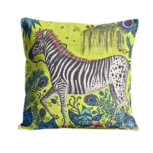 Clarke and Clarke, lime green, pink and blue zebras velvet cushion cover, throw pillow cover, home decor 14 x 14 inches.