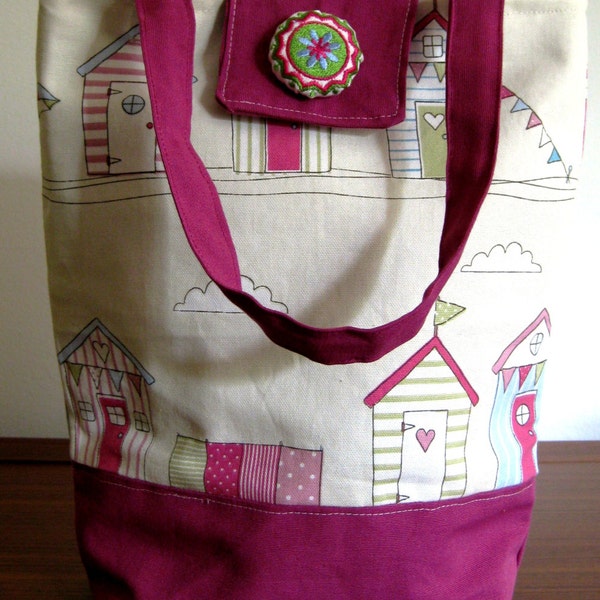 SALE Tote bag, purse, small beach bag, dark  pink, cream and blue   beach huts, holiday, seaside design, embroidered button.