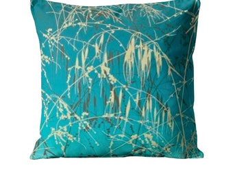 Cushion cover, Harlequin, "Meadow Grass", teal blue, silver grey and gold ombre dyed cotton, throw pillow cover, home decor.