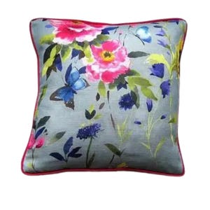 Bluebellgray, Teal Butterfly linen cushion cover, blue and purple flowers and butterflies throw pillow cover, decorative home decor, 16 x 16