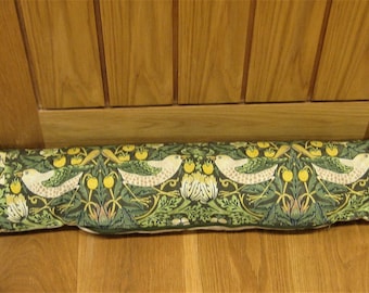 Draught excluder, William Morris grey, green and yellow Strawberry Thief door stopper, draft stopper, window draught dodger.