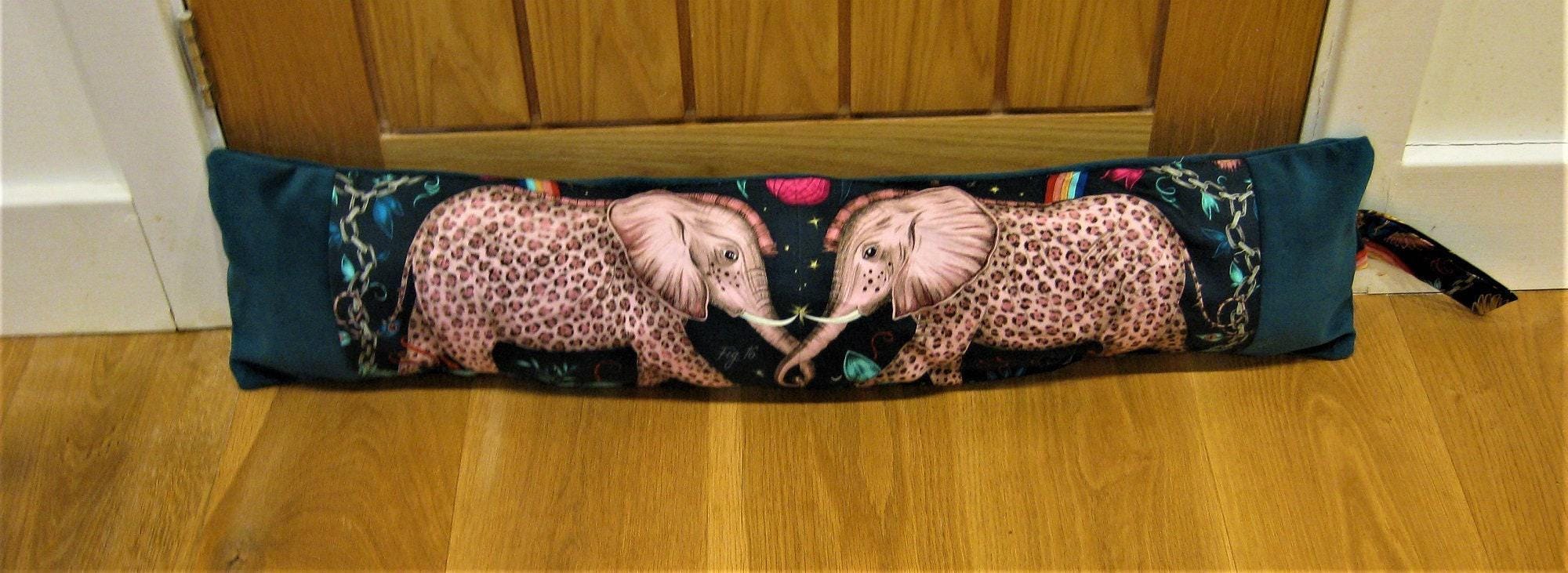 Draught excluder, Clarke and Clarke elephant door stopper, elephant print and teal velvet draft stopper, cotton window draught dodger.