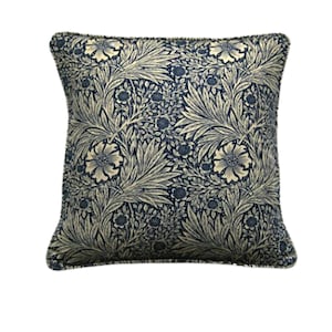 William Morris, &quot;Marigold&quot;, indigo dark blue and beige linen cushion cover, throw pillow cover, home decor 12 x 20 ins, ready to post.