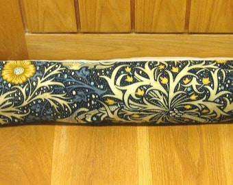 Draught excluder, William Morris blue and mustard yellow Seaweed door stopper, draft stopper, window draught dodger.