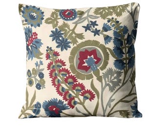 Embroidered Linen Cushion Cover: Zoffany Hardwick Crewel Floral Pillow