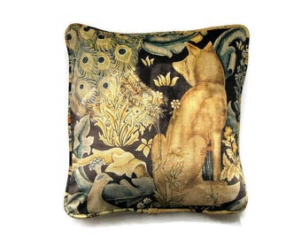 William Morris, Forest, Arts and Crafts, black, green and gold fox velvet cushion cover, throw pillow cover, home decor.