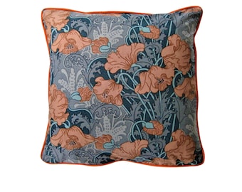 Liberty Clementina late 80s, Art Nouveau design, peach red, grey and blue cotton cushion cover, throw pillow cover, homeware decor.