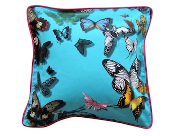Designers Guild's, Christian Lacroix Butterfly Parade, turquoise blue, yellow  and black cotton throw pillow cover, home decor.