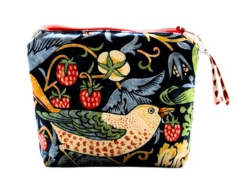 Coin purse, blue William Morris Strawberry Thief small pouch, maker up bag, change purse,.