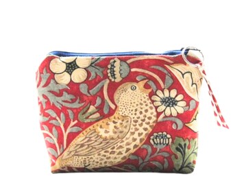 Coin purse, red William Morris Strawberry Thief small pouch, make up bag, change pouch,.