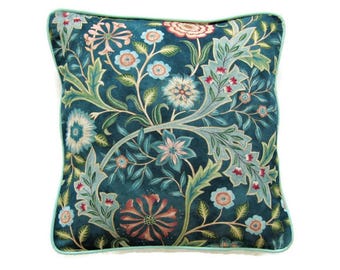 William Morris, "Wilhelmina", Arts and Crafts, teal green floral linen cushion cover, throw pillow cover, home decor.