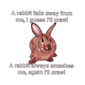 May include: A brown rabbit with pink ears is looking at the camera. The text "A rabbit falls away from me, I guess I'll crawl" and "A rabbit always smashes me, again I'll crawl" is written in gray text.