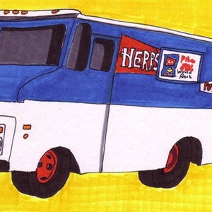 May include: A blue and white delivery truck with the words "Herr's" and "Potato Chips" on the side. The truck has a red and white sign that says "P.L. Herr's World Fresh".