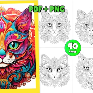 Puede incluir: Un conjunto de 40 páginas para colorear con ilustraciones intrincadas y detalladas de gatos con un diseño tipo mandala. Las páginas son en blanco y negro, perfectas para colorear con marcadores, crayones o lápices de colores. La imagen de portada muestra un gato colorido con un diseño similar.