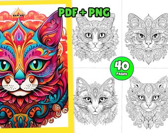 Kattenmandala's om in te kleuren (PDF + PNG, Procreate) | Printbaar boek voor kinderen en volwassenen | Ontspannend en creatief | 40 kattenmandala-tekeningen