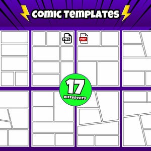 Puede incluir: 17 plantillas de cómic diferentes en blanco y negro. Las plantillas están en formato PNG y PDF. Las plantillas son para crear cómics.