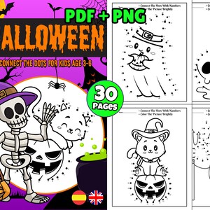 Peut inclure: Un ensemble de 30 pages d'activités de points à relier sur le thème d'Halloween pour les enfants de 3 à 6 ans. Les pages présentent divers personnages d'Halloween comme un fantôme, un chat, un squelette et un crâne. Chaque page comprend des points numérotés à relier et à colorier.