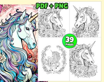 May include: A coloring book featuring 39 pages of intricate line art designs of a unicorn with floral accents. The unicorn is depicted with a flowing mane and tail, and the floral accents are detailed and delicate.