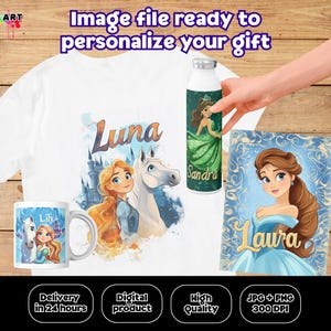 Principessa personalizzata con nome | Design digitale da stampare su maglietta, tazza o tela | Regalo di compleanno per bambine principesse