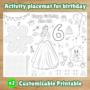 Personalisierte Prinzessinnen-Geburtstagstischdecke für Mädchen, druckbare Aktivitäten mit Namen und Alter | 3 bis 10 Jahre | Malvorlagen